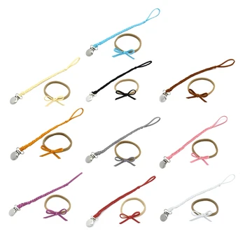 

Baby Infant Braided Faux Leather Pacifier Clips Holder Chain Strap+ Bow Headband