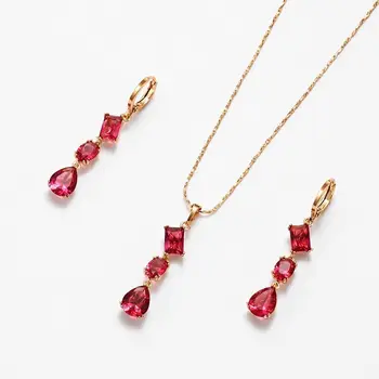 

1111 BIG SALE Elegant Red Purple Geometric Zircon Drop Earring and Pendant Necklace set For Women Gold Color 18 K High Quality