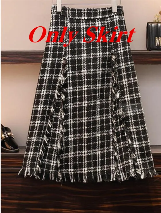 Only Skirt Turtleneck Loose Oversize Sweater+ High Waist Tweed Tassel Plaid Skirts Women's Autumn Winter Clothes Knitwear Girls Ladies - Цвет: Only Skirt