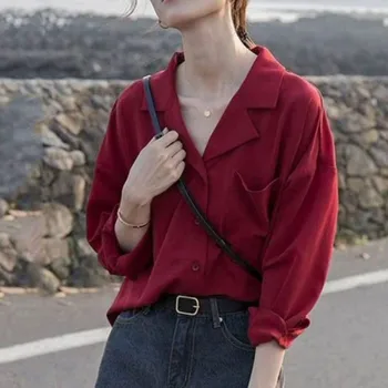 

Women Shirt Simple Vintage Solid Blouse Temperament Turn-down Collar Chiffon Shirt Loose Single-breasted Long Sleeve Blouse