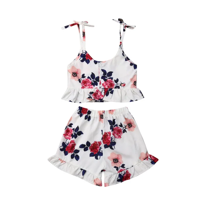 

Summer Toddler Kids Baby Girl Sling Vest Sleeveless Casual Floral Tops Short Pants Outfits Set Holiday Vacation Beach Clothes