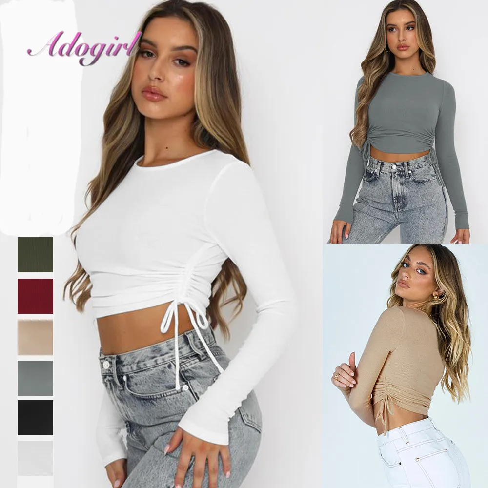 

Casual Rib Knit T-Shirt Women Solid Long Sleeve O Neck Drawstring Ruched Crop Tops Autumn Outfit Offic Lady Ol Blouse