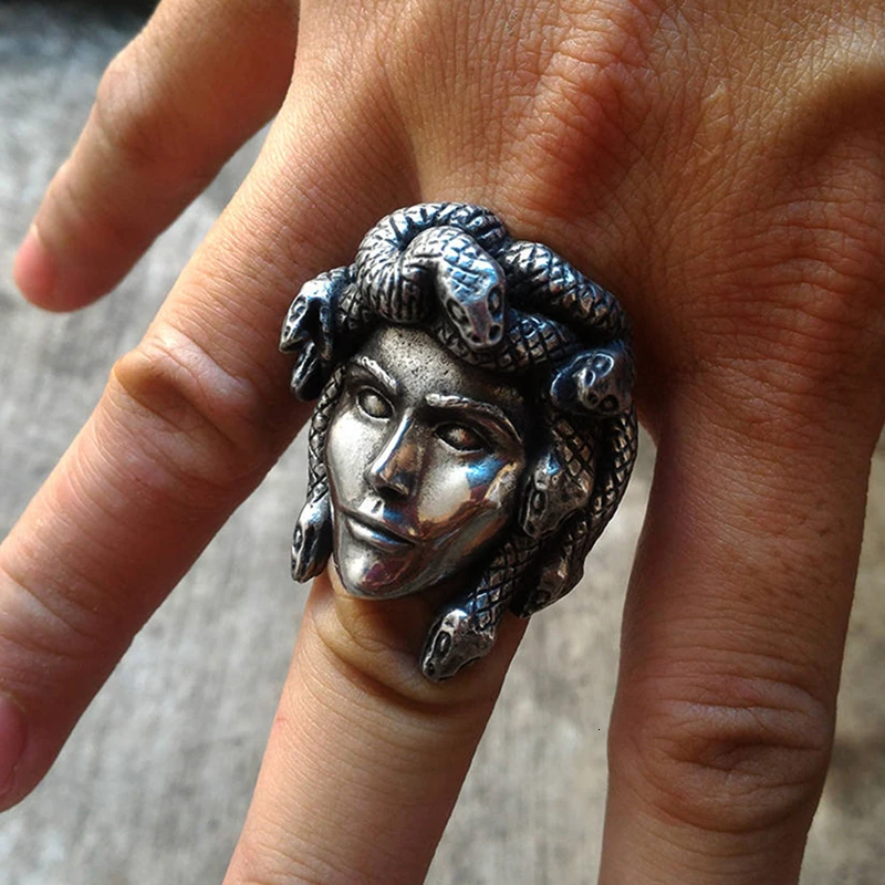 Greek Mythology Medusa Snake Haired Stainless Steel Mens Ring Black Silver Tone