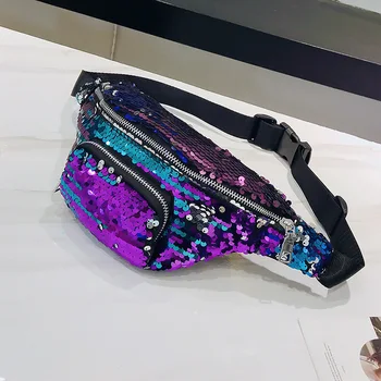 

Fashion Sequins Chain Fanny Pack Chest Waist Bag Brand Belt Shoulder Bag Women Pack PU Leather Chest Crossbody Messenger Bags