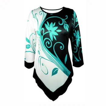 

Women's Fashion Autumn Printed Loose-Fitting Blouse With Round Neck Irregular Hem Tops Long Sleeve Shirt Ladies#45