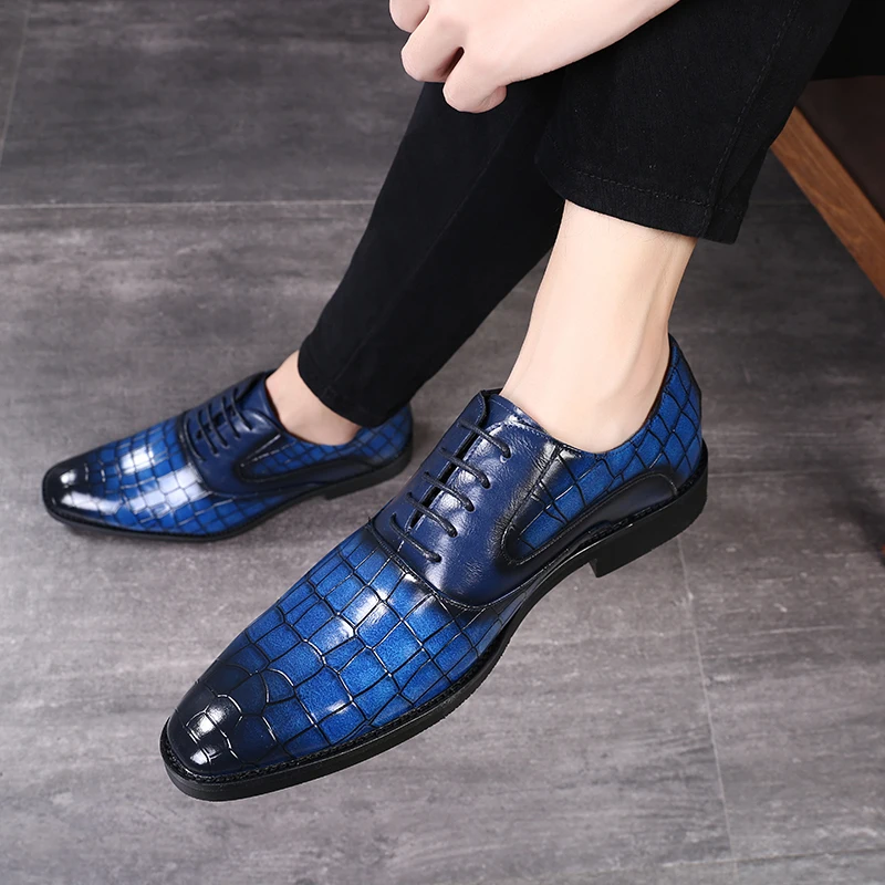 Merkmak/Новые мужские кожаные туфли с узором «крокодиловая кожа» Повседневные модельные туфли на шнуровке, большие размеры 37-48 Мужская Свадебная обувь на плоской подошве - Цвет: Синий