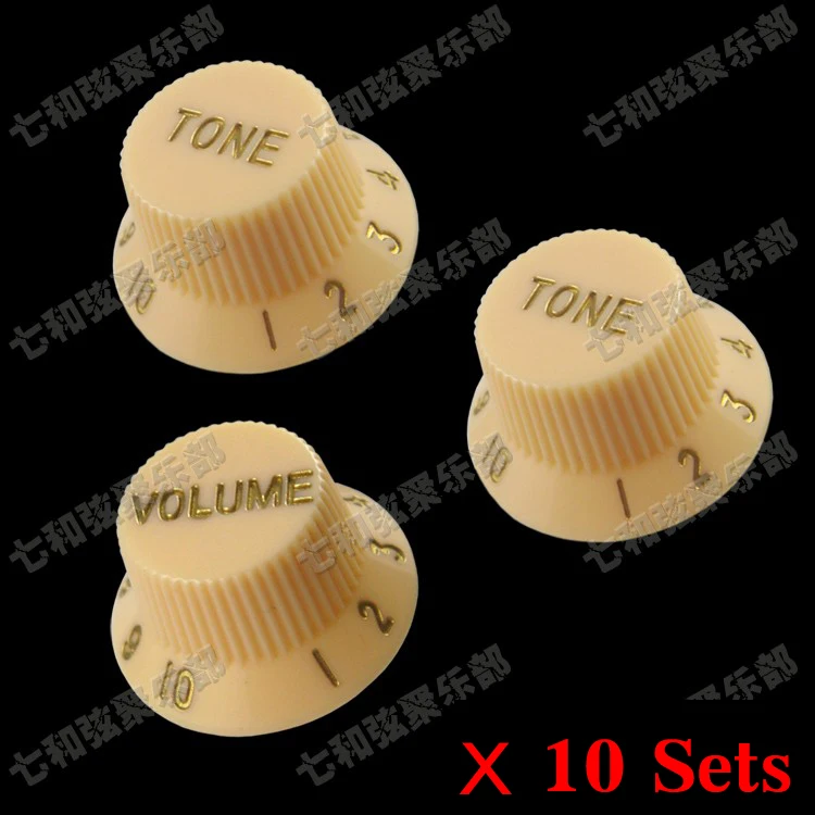 

10 Sets Guitar Speed Control Knobs for Electric Guitar (1 Volume & 2 Tone) Cream & Golden (STN-2T1V-23215)