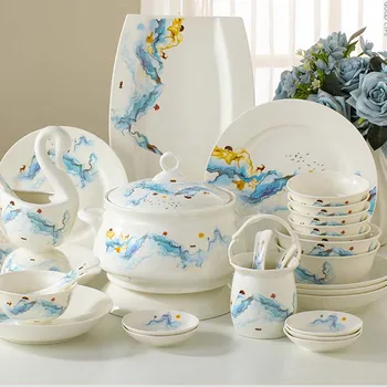 

60 pcs Jingdezhen Ceramic Dinnerware Set European style Kitchen Tableware Dinner Dish Ceramic Plates and Dishes Bowl dishes set
