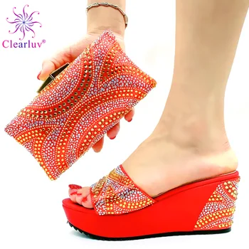 

Fashion Italian Women Wedding Pumps with Purse Hot Sale Fashion Stone Shoes and Bag Set for Evening Party Ladies Sexy High Heels