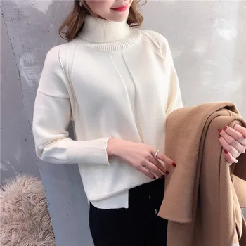 

2019 Autumn Winter Cashmere Sweater Women's Pullover Turn-down Collar Turtleneck Sweater Female Solid Color Ladies Loose Sweater