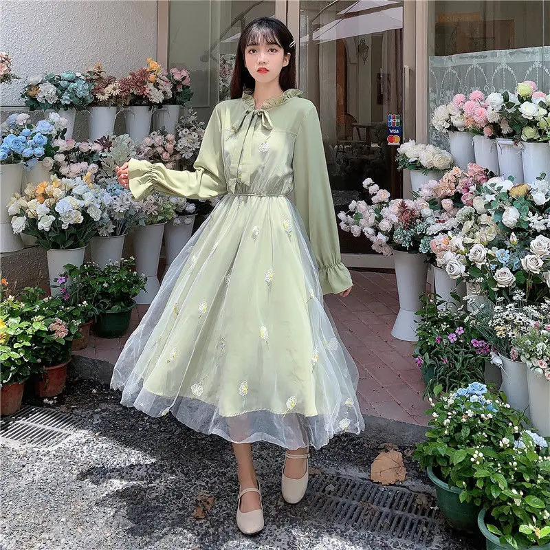 Long Sleeve Dress Women Patchwork Bow Collar Embroidery Elegant College Trendy Causal Holiday Ulzzang Empire Lovely Fall Apricot black dress