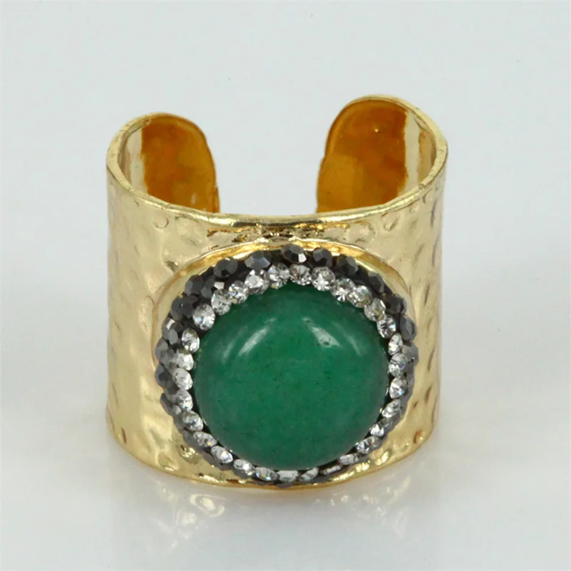 

black rhinestone retro green semi precious stone bead charm wide wrapped adjustable open hammered gold ring cuff for woman man