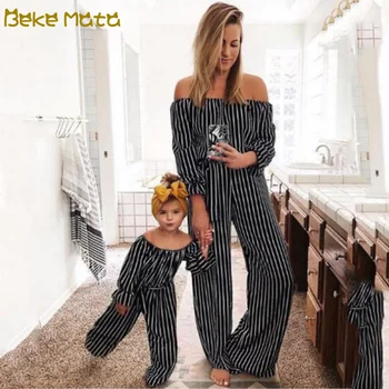 

Mommy And Me Clothes Striped Mom And Daughter Jumpsuits Family Look Mother Daughter Clothes Off Shoulder Matching Family Outfits