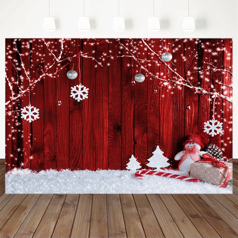 

Christmas Theme Backdrop Snowflake Gift Snowman Tree Branch Pine Tree Model Red Wooden Photography Background For Photo Studio