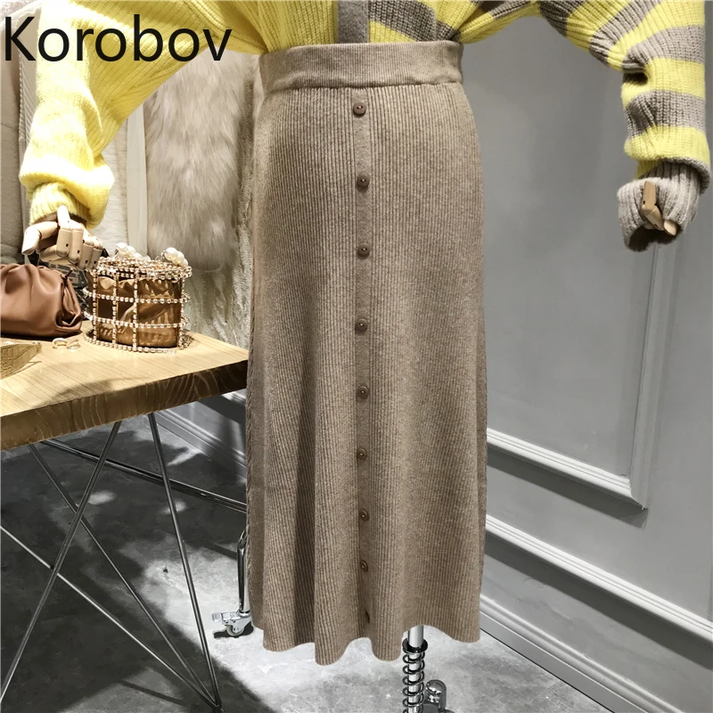 Korobov Корейская однотонная трикотажная однобортная юбка, винтажная эластичная трапециевидная юбка средней длины с высокой талией, повседневная Faldas Mujer 79245