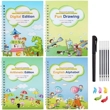 4 livros/conjunto de crianças magia copybook, reutilizáveis 3d caligrafia copybooks, inglês número alfabeto magia prática livros para crianças