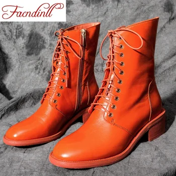 

FACNDINLL new arrives genuine leather ankle boots for women med heels black zipper riding boots casual shoes size 34-39 autumn