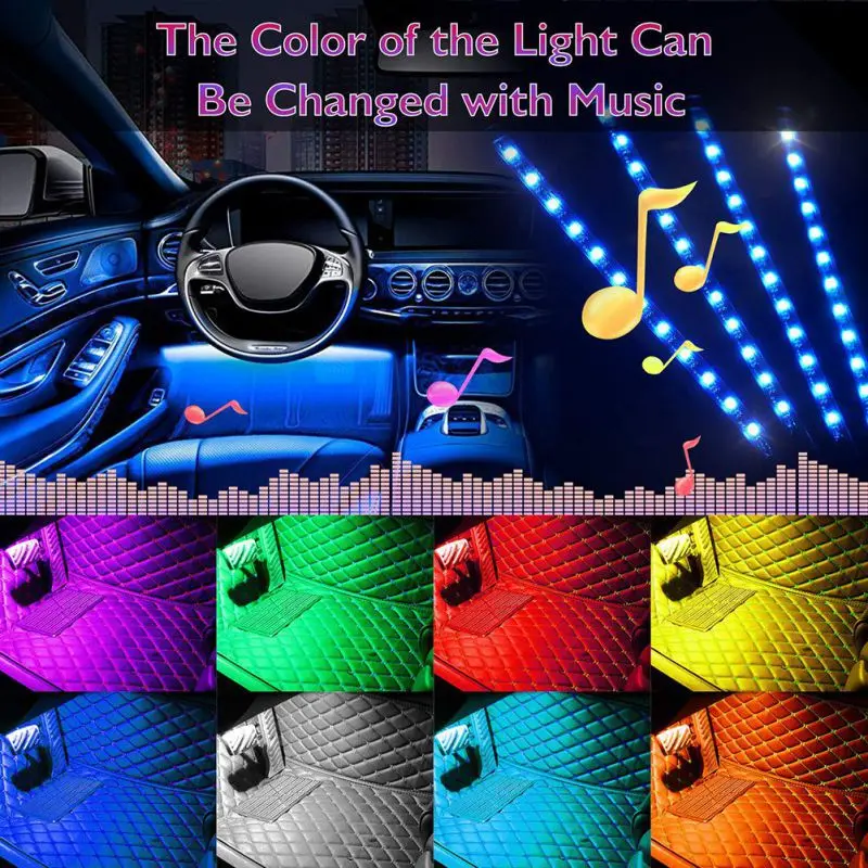 7 цветов авто Интерьер RGB цвет 12 светодиодный комплект полосы света беспроводной управления музыкой декоративный свет