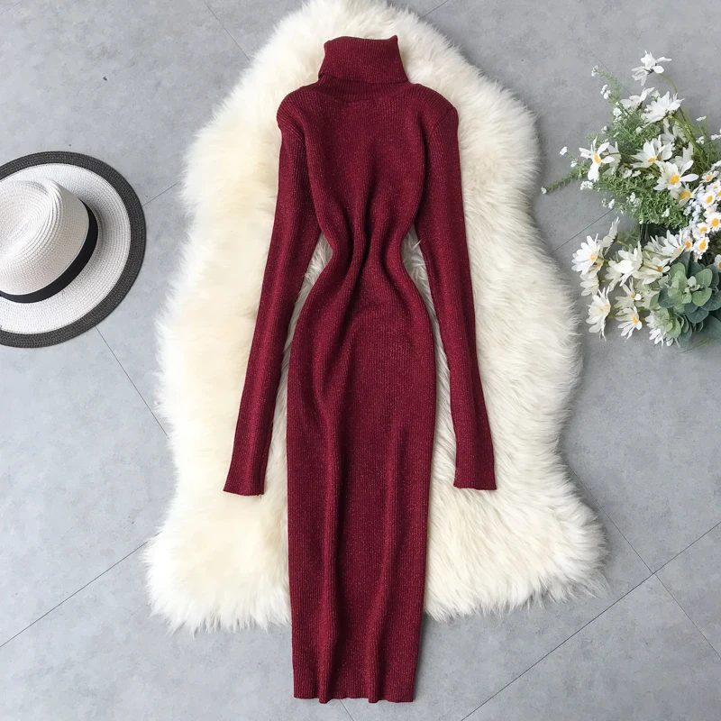 Autumn Winter Dress Women Warm Turtleneck Glitter Knitted Sweater Dress Casual Bodycon Midi Dress Long Sleeve Ladies Dresses