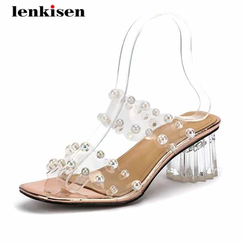 

Lenkisen gladiator shiny jelly shoes sweet pearl large size square toe high crystal heel beauty lady maiden summer sandals L9f8