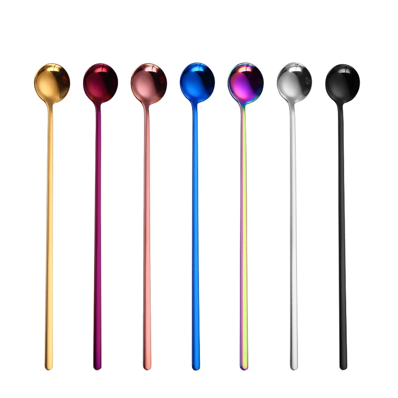 YOMDID Colorful Stainless Steel Long Handle Spoons Creative Korean Cold Drink Ice Cream Coffee Tea Stir Spoon Bar Kitchen Tool
