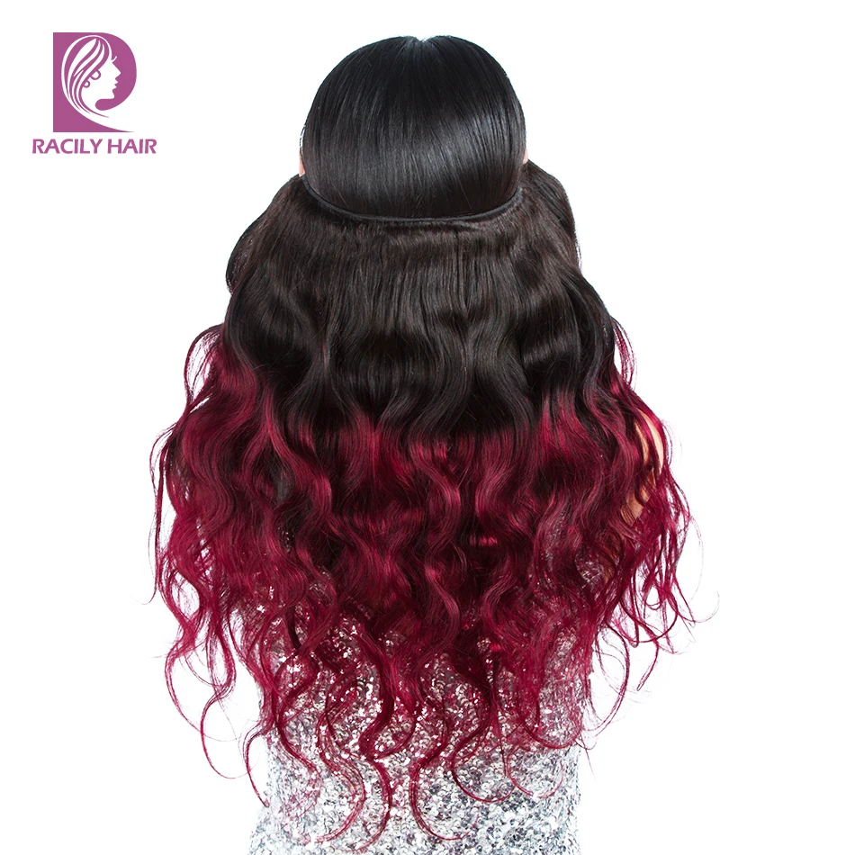  Racily Hair Ombre Brazilian Body Wave Bundles With Closure T1B/Burgundy Human Hair 3/4 Bundles With