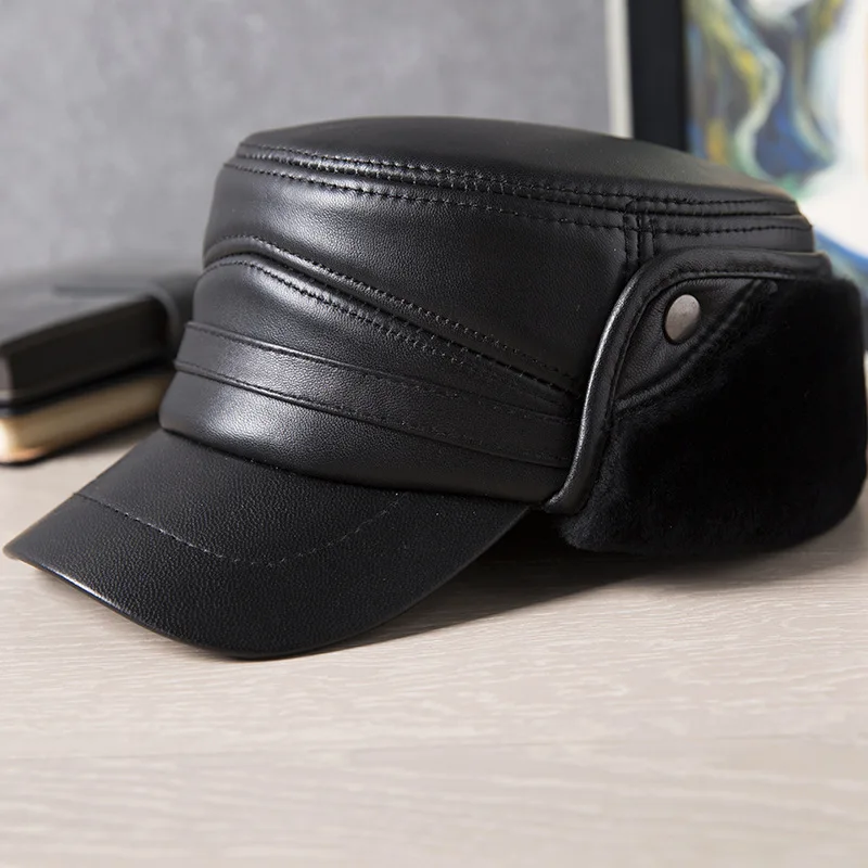 

X164 Adult Genuine Leather Hat Warm Beret Hat Ear Protection Hats Plus Velvet Flat Cap Natural Leather Ceiling Earmuffs Flat Hat