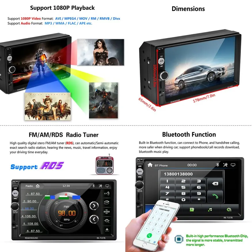 Reakosound Full HD 1080P 7 дюймов ИК-пульт дистанционного управления Управление Сенсорный экран Bluetooth/FM/TF/зарядных порта USB для автомобиля MP5 плеер с зеркало заднего вида Камера