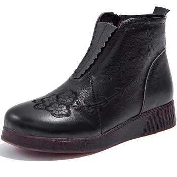 

National Wind Flower Genuine Leather Boots Plus Velvet Warm Winter Boots Women Boots Flat Soft Bottom Snow Shoes Ankle Boots