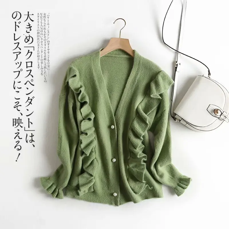 L317 корейская мода Глубокий v-образный вырез жемчужные пуговицы милые оборки деко плотый вязаный кардиган свитера