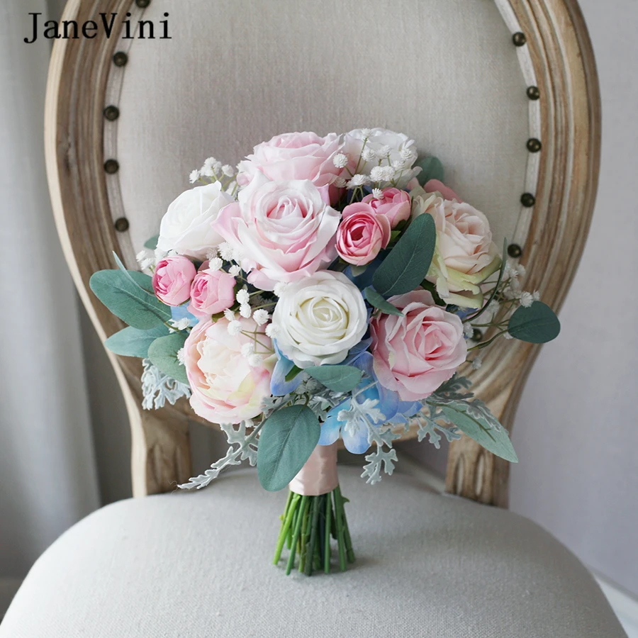 JaneVini 2020 Pink Blue Wedding Bouquets Hydrangea Silk Rose Peony Artificial Flowers Real Touch Bridal Fake Bouquet Accessories