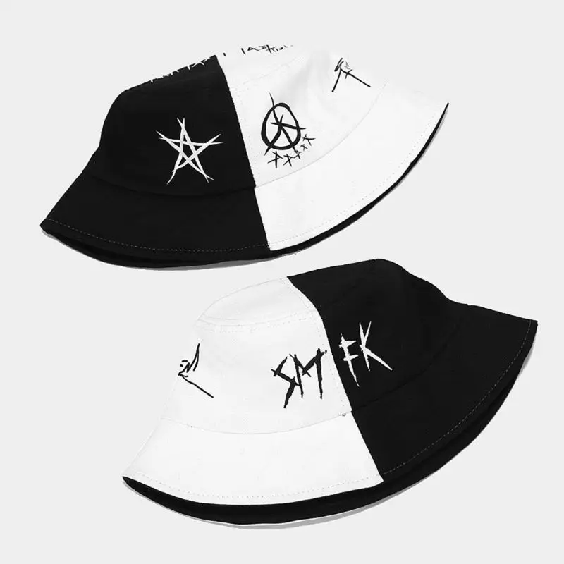 Unisex Black White Color Block Bucket Hat Star Eye Graffiti Print Fisherman Cap