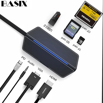 

Basix USB C Hub To HDMI VGA Adapter Thunderbolt 3 Dock with PD SD TF Card Reader 3.5MM Slot for MacBook Pro Type C Usb 3.0 Hub