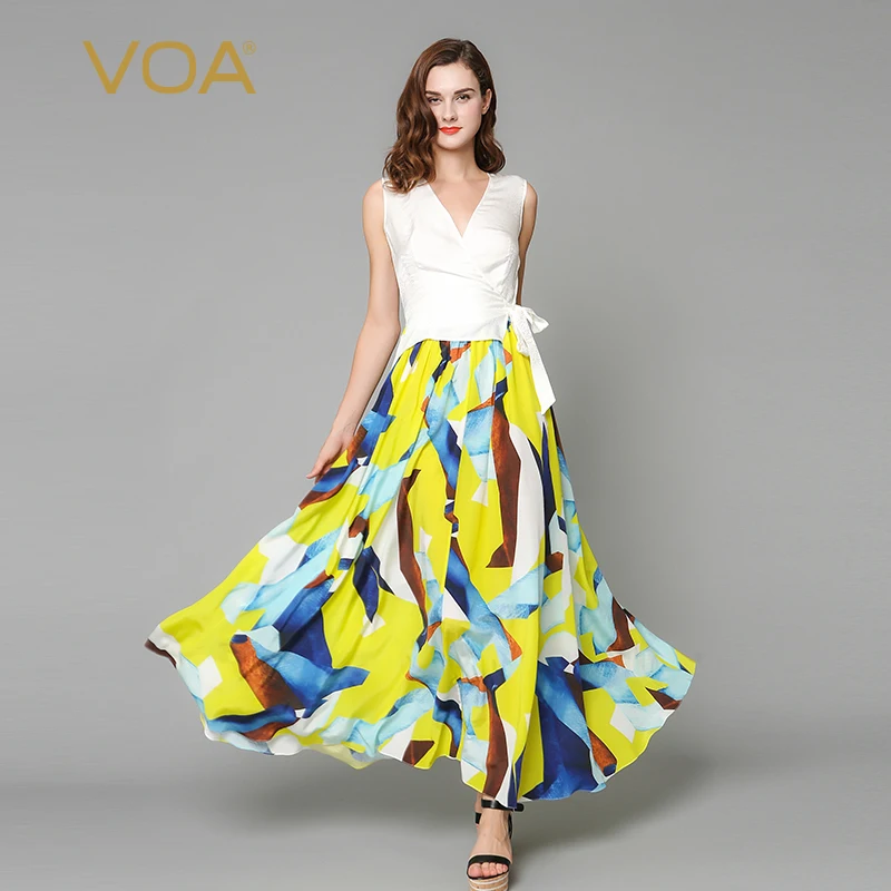 

VOA white jacquard real silk hit material yellow coffee blue printed joint sleeveless long wrap bohemian dress A5007