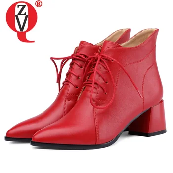 

ZVQ office ankle boots fashion spring autumn apricot red cross strap pointed toe 5cm mid heels women's shoes plus size 32-43CN