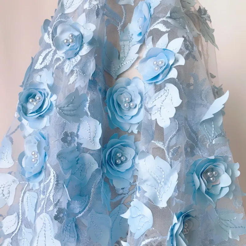 GLace 1Y/Лот синий 3D гвоздь бисера сетки вышитое пришивное кружево ткань для женщин платье юбка ручной работы ткань аксессуары TX1415
