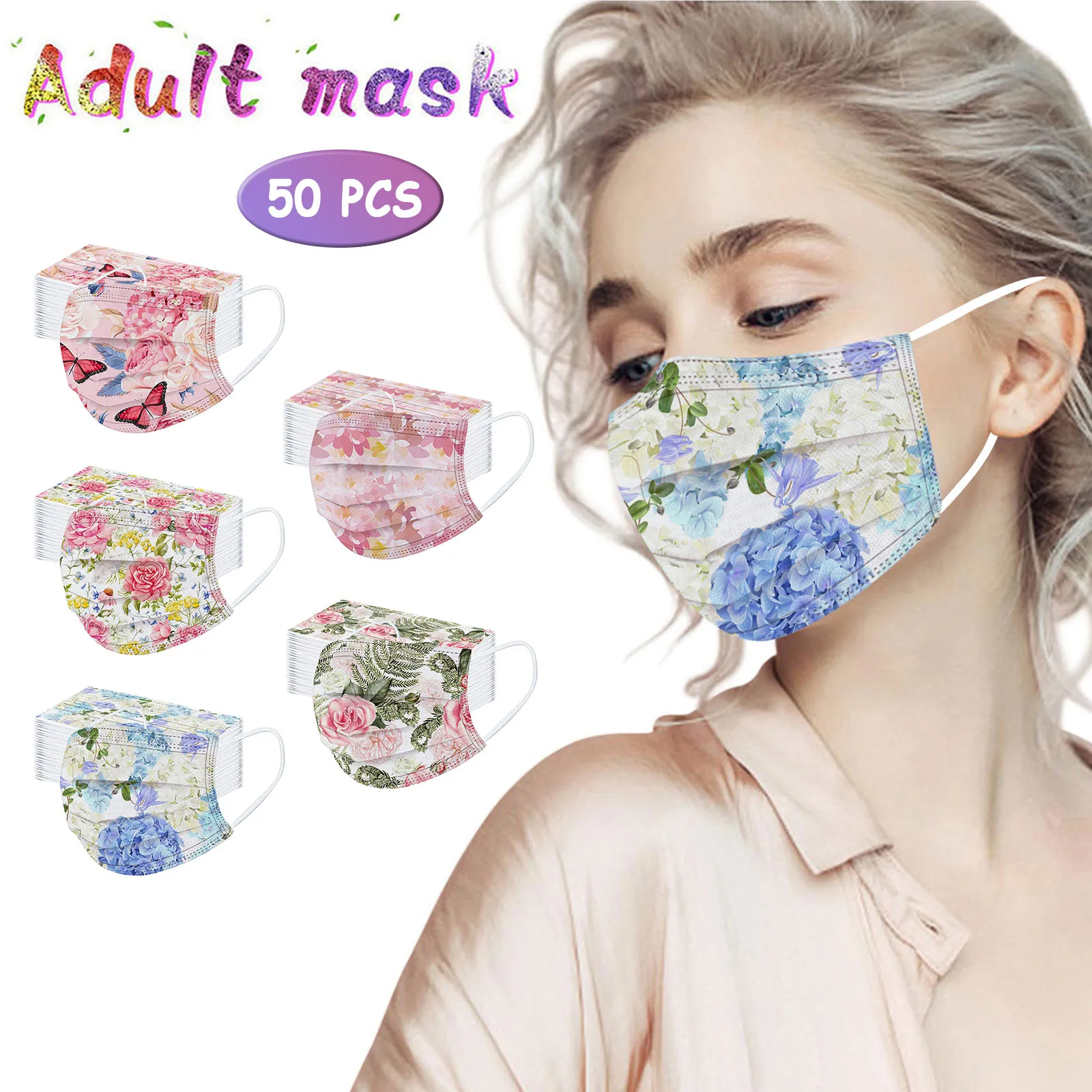 50pcs Adult's Disposable Face Mask Floral Printed Three-layer Earhook Masks Protective Flower Pattern Mascarillas Masque | Красота и