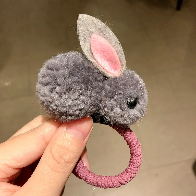 Cute Colorful Plush Rabbit Headband For Girls Sweet Hair Clip Elastic Hair Band Hairpin Ponytail Holder Fashion Hair Accessories - Цвет: gray rubber band
