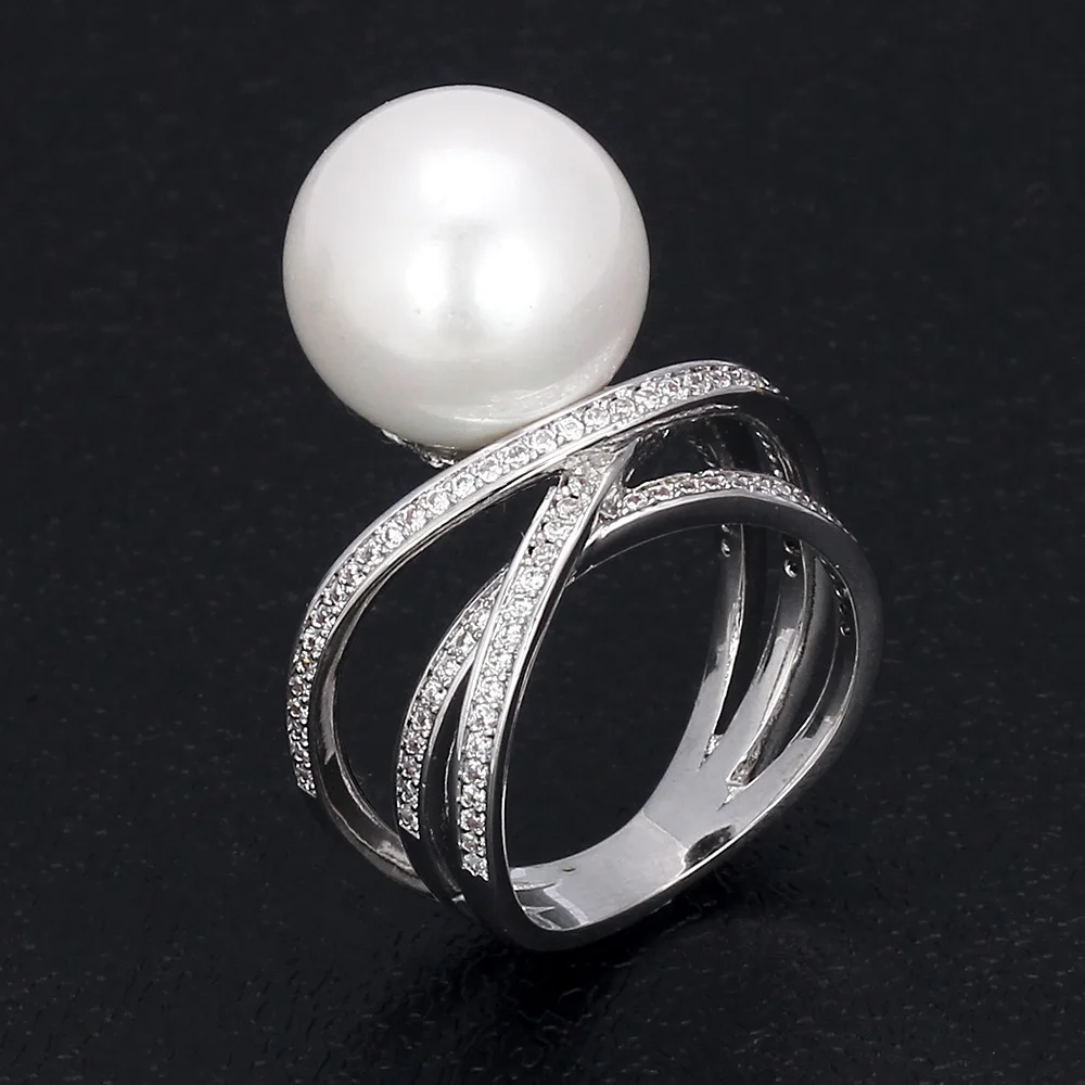 Трендовое кольцо с большой жемчужиной для женщин с кубическим цирконием, ювелирные изделия для девушек, вечерние кольца для банкета - Цвет основного камня: S white pearl