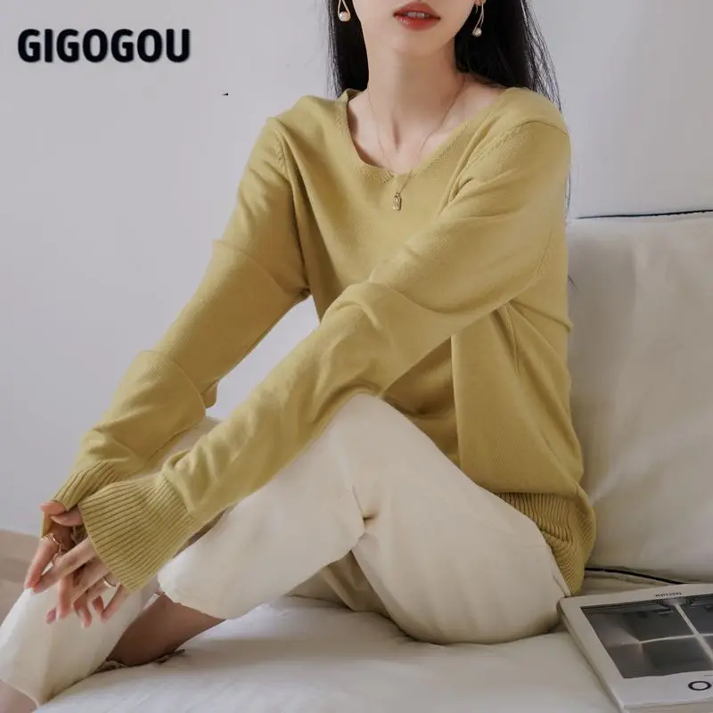 Женский кашемировый пуловер GIGOGOU y2k однотонный джемпер с v-образным вырезом