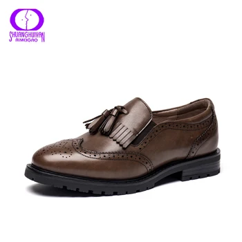 

AIMEIGAO 2020 Casual British Fringe Brogue Shoes Women Spring Autumn Genuine Leather Flats Women Square Toe Hand Rub Shoes Woman