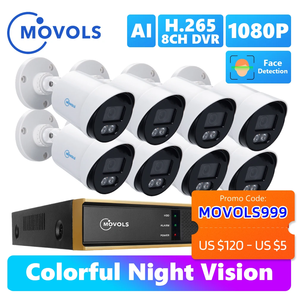 Movols 2MP AI Colorful Night Vision CCTV Kit H.265+ Waterproof Video Surveillance System 8CH DVR 8PCS/4PCS Security Camera Set