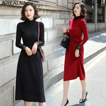 

Midi Sweater Dress Women Vintage Black Long Sleeve Dress Woman Korean Knitted Lace Patchwork Pleated Dresses Vestidos De Fiesta