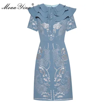 

MoaaYina Fashion Designer dress Summer Women's Dress Short sleeve Ruffles Embroidery Dresses