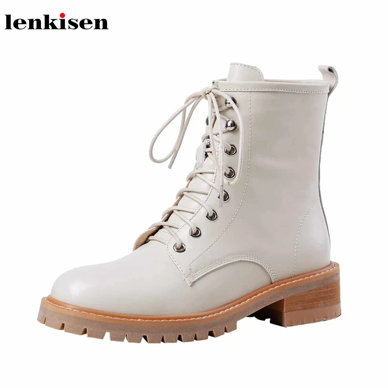 

Lenkisen real cow leather sweet preppy style rivets lace up med heels round toe fashion streetwear winter warm ankle boots L82
