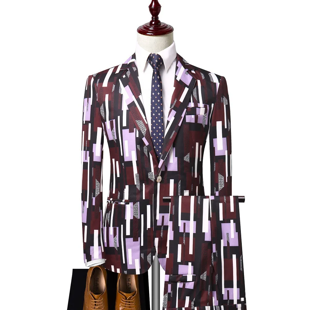

2020 Spring Men Printed Stripes Formal Dress Suit Banquet Performance Suit Two-Piece Set