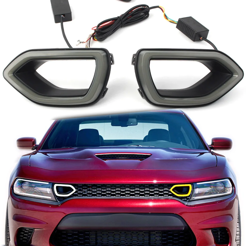 Dasbecan Front Grille Smoked Daytime Running Lights Turn Signal Light Assembly Compatible With Dodge Charger 2015-2019 SRT Scat Pack 2017-2019 Daytona SXT R/T Models Replaces# 68417505AA 68417504AA 