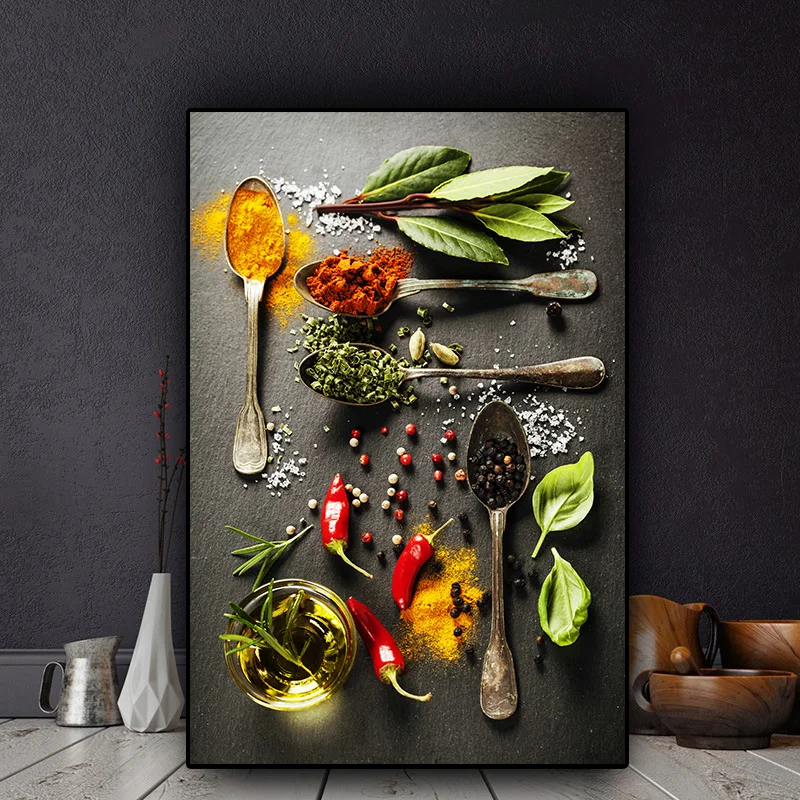 Grains-Spices-Spoon-Peppers-Kitchen-Canvas-Painting-Cuadros-Scandinavian-Posters-and-Print-Wall-Art-Food-Picture