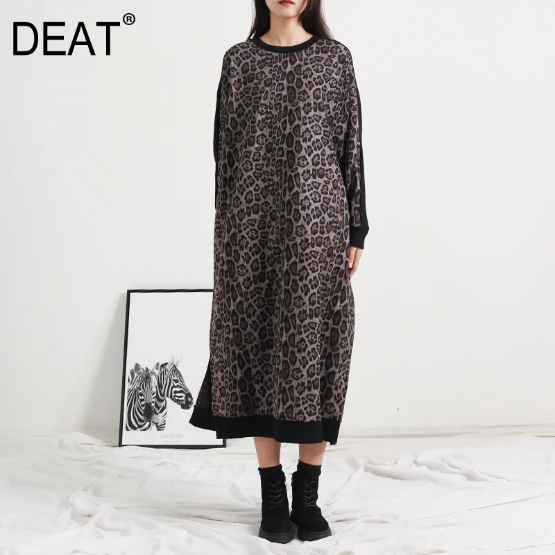 

[DEAT] 2019 New Autumn Winter Round Neck Long Sleeve Personality Leopard Hit Color Split Joint Long Dress Women Fashion 13D253