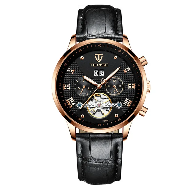 

TEVISE Fashion Brand Man's Watches Automatic Mechanical Watch Leather Strap Week Date Month Tourbillon Waterproof Wristwatches